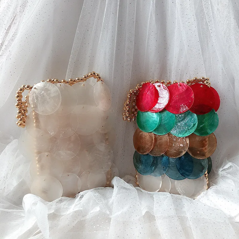 Borse da sera fatte a mano intrecciate con conchiglia rotonda, a tracolla, con paillettes, a catena, a tracolla, da donna, per telefono, portafoglio, pochette da festa_voghion.com