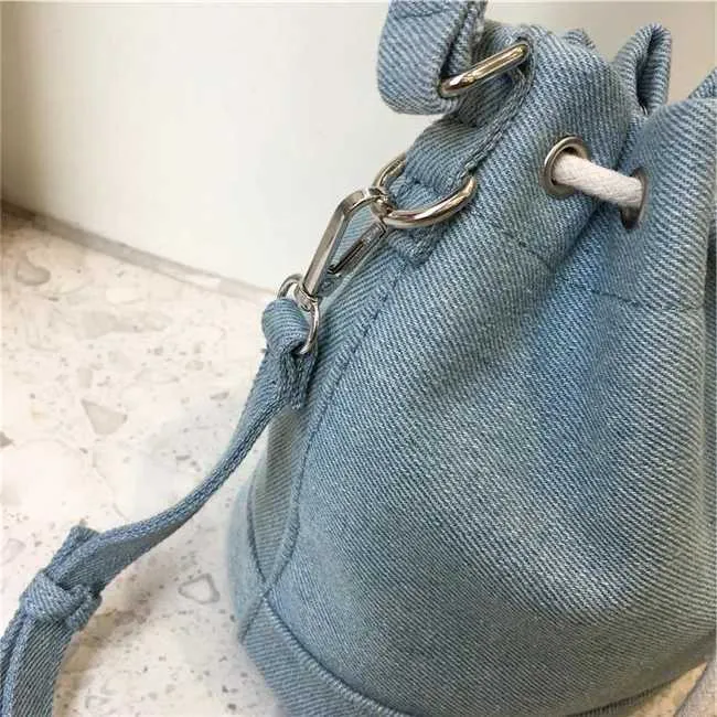 Women Fashion Denim Bucket Solid String Handbags Casual Mini Crossbody Bags Female All-matched Messenger PackC241212_voghion.com