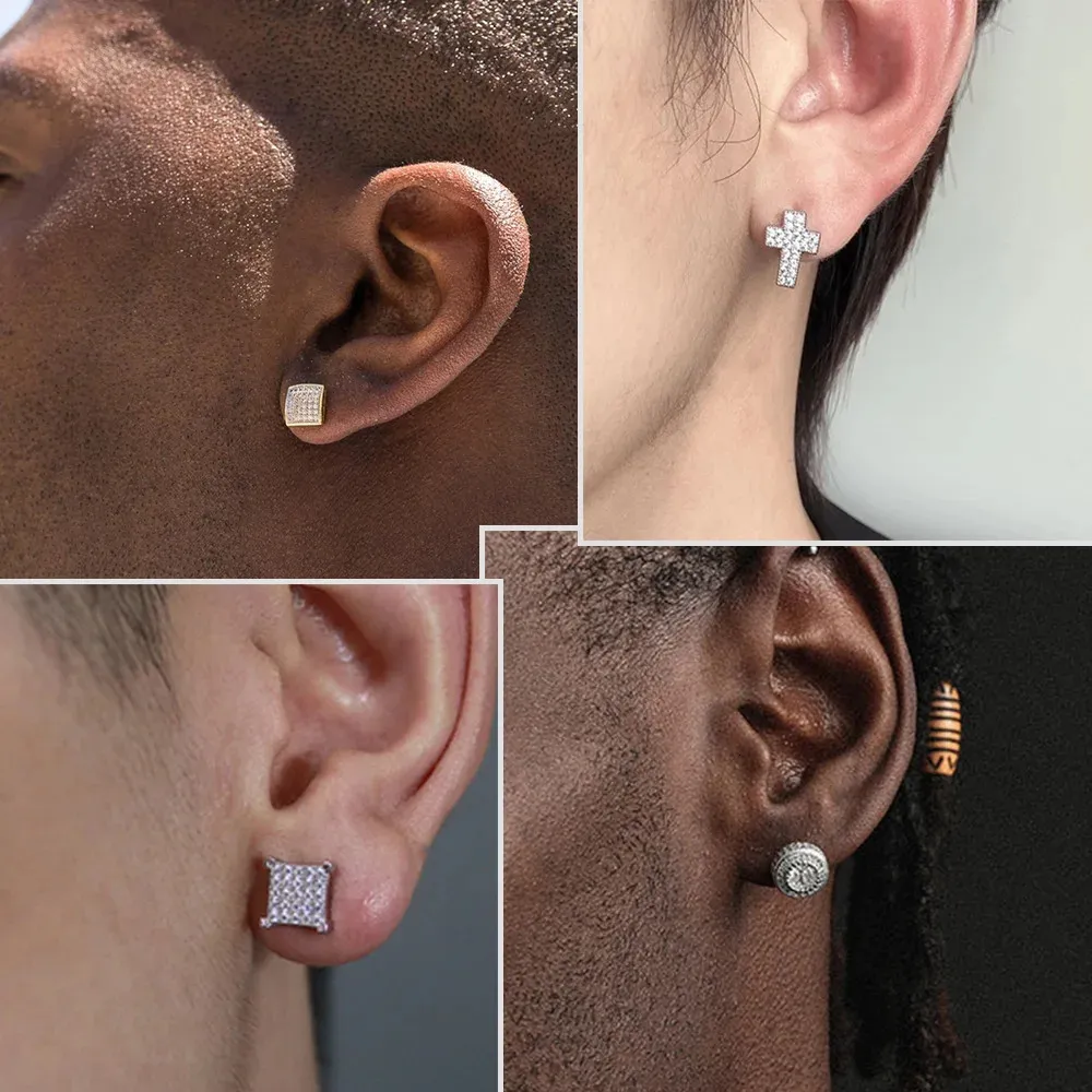 Orecchini a cerchio con borchie Hip Hop Iced Out per uomo, con zirconi color oro, accessori per piercing all'orecchio, tendenza Hiphop_voghion.com