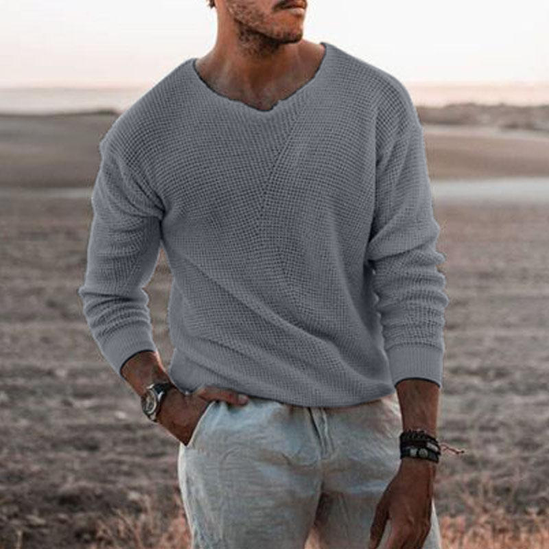 Modieuze gebreide casual loszittende trui, trui met V-hals en lange mouwen, oversized herenkleding_voghion.com