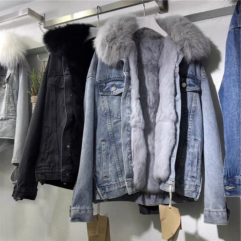 Abbigliamento da donna Plus Veet Cotton Loose Korean Style Denim Collo di pelliccia Giacca ispessita_voghion.com