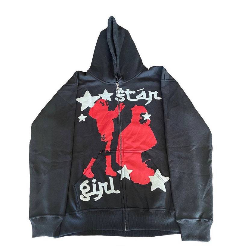 Felpa con cappuccio e cerniera nera con stampa Star Girl, abbigliamento da uomo, street hip hop_voghion.com