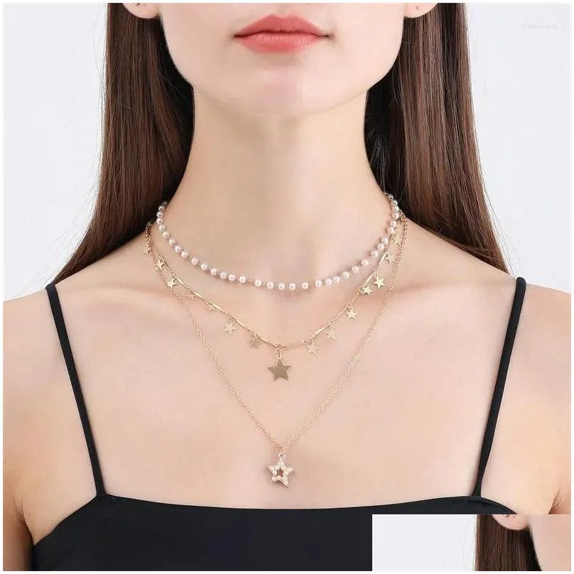 Kolye Kolye Bohem Katmanlı El Yapımı Yıldız Taklit İnci Vintage Chokers Kadınlar İçin Altın Renkli Kolye Moda_voghion.com