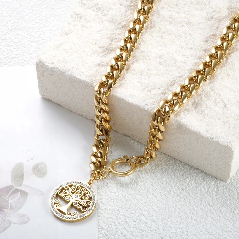 Baum Des Lebens Statement Kette Gold Edelstahl Chunky Halskette_voghion.com