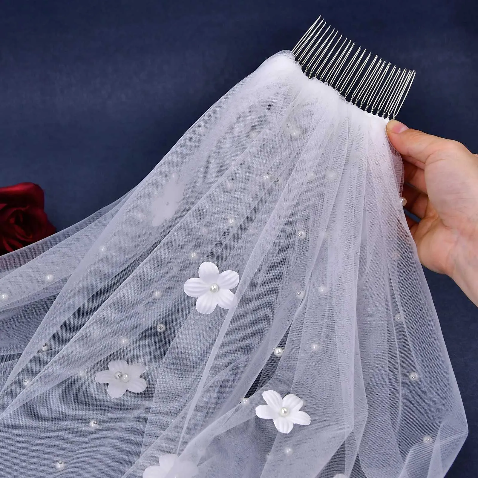 Gioielli per capelli V193 Velo da sposa con perline e perline, fiori 3D, lungo, cattedrale, morbido, illusione, con pettine, elegante sposa_voghion.com