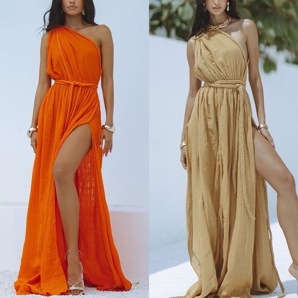 Women's Clothing Fashion New Beach Vacation Rope Solid Color Dress Blouse