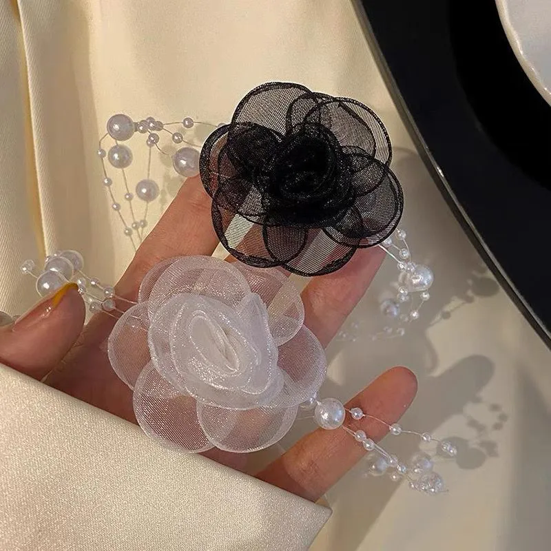 Chaînes Français Romantique Noir Et Blanc Ras Du Cou Fleur Collier De Perles Femme Été Clavicule Chaîne_voghion.com