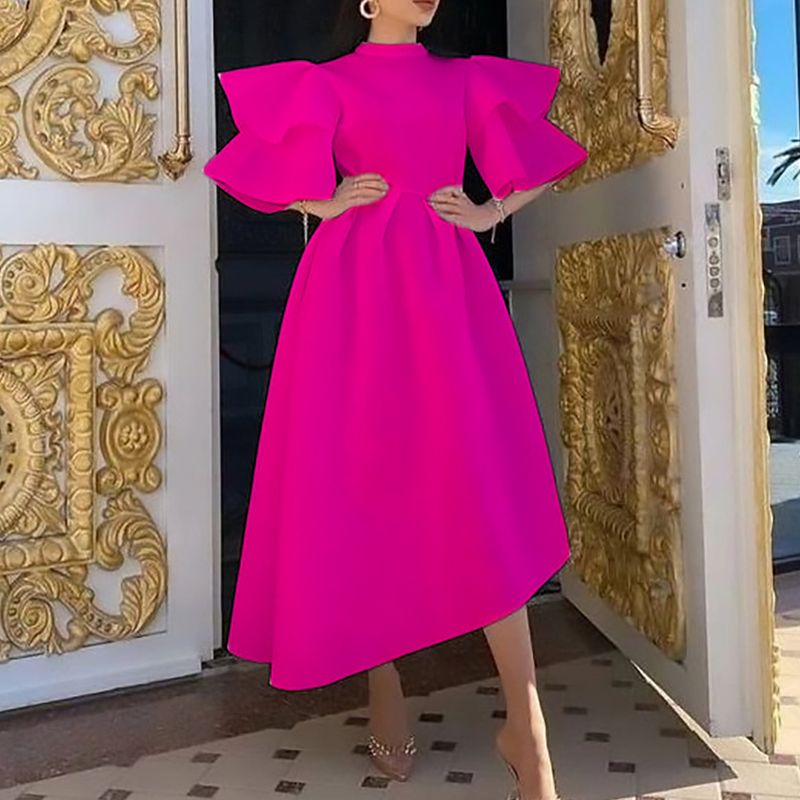 Damen Sommer neues doppellagiges Kleid mit Lotusblattärmeln, einfarbig, unregelmäßigem Rock_voghion.com