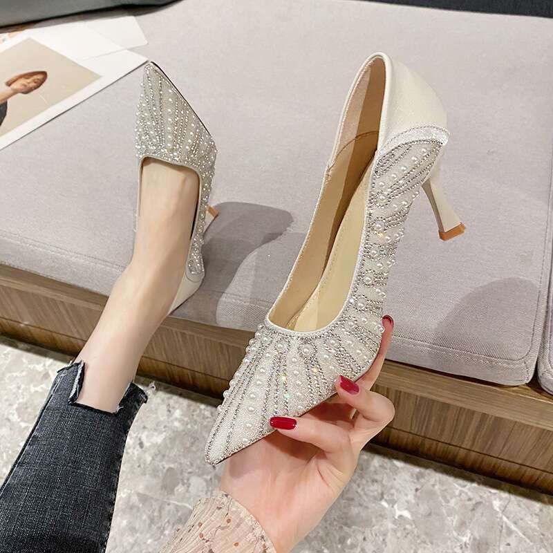 Damen High Heels, Kleiner Absatz, Keine Müden Füße, Spitz Zulaufende Französische Einzelschuhe_voghion.com