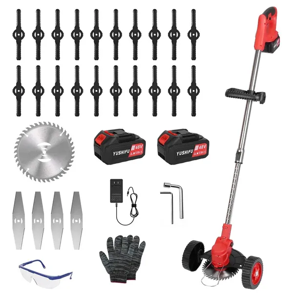 Electric Cordless Grass Trimmer With Wheels, Adjustable Head, Extendable Handle, Rechargeable, 2500mAh Batteries_voghion.com