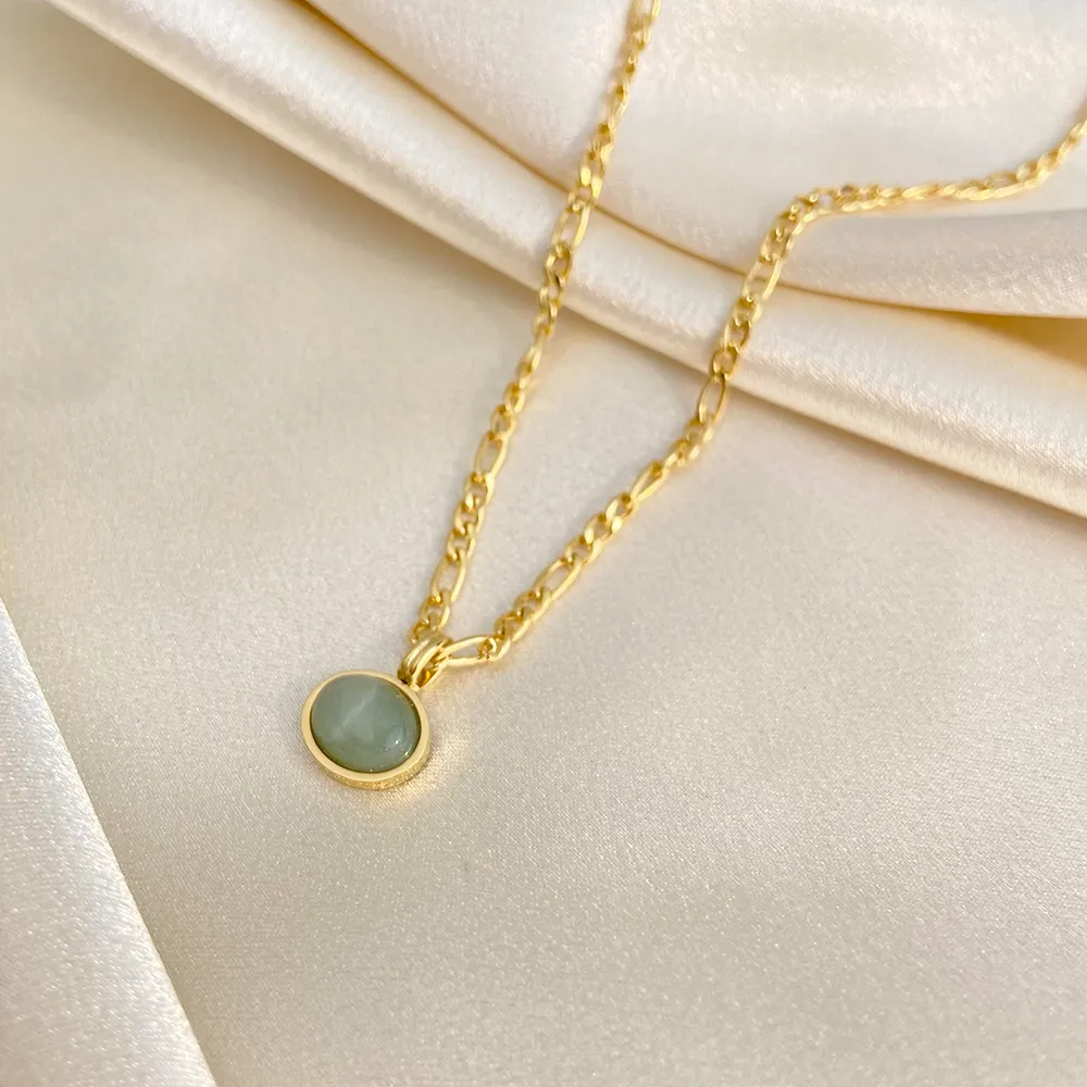 Grüner Aventurin Jade runder Anhänger Figaro Kette Edelstahl Halskette Ohrringe Set Vintage vergoldeter Schmuck für_voghion.com