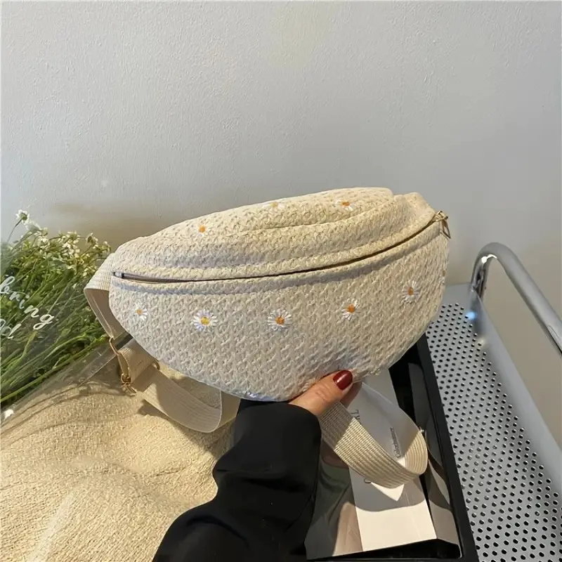 Borsa a tracolla traspirante a forma di luna, con cerniera, tracolla regolabile in vita, motivo floreale all'uncinetto, da donna_voghion.com