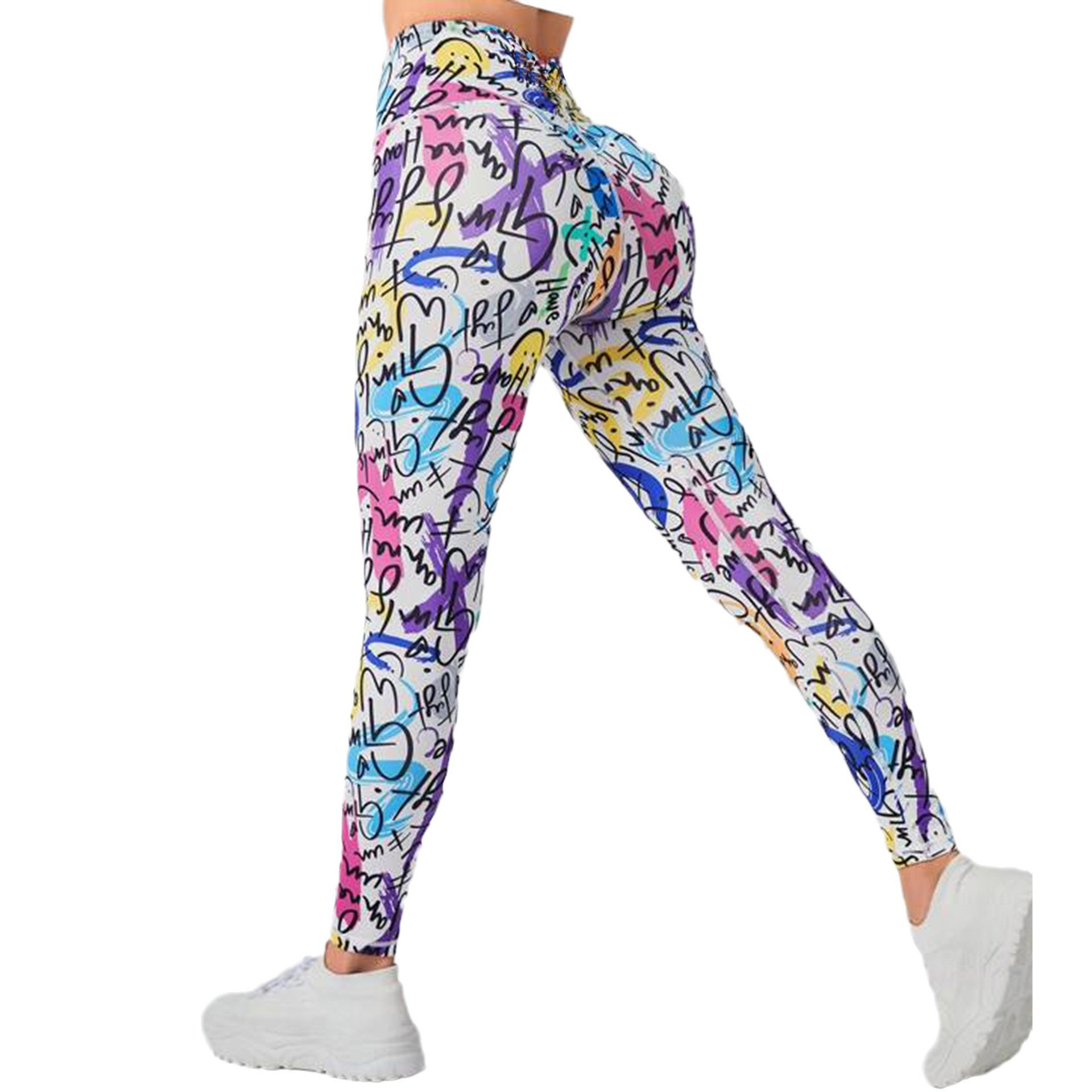 Cartoon letter graffiti print high waist Women's sexy sports fitness yoga leggings_voghion.com