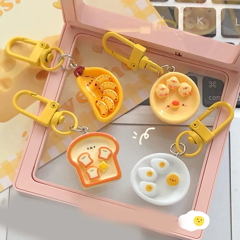 Portachiavi con simpatico cartone animato, uovo in camicia, banana e toast, creativo, per la colazione, decorazione per zaino, borse, ciondolo_voghion.com