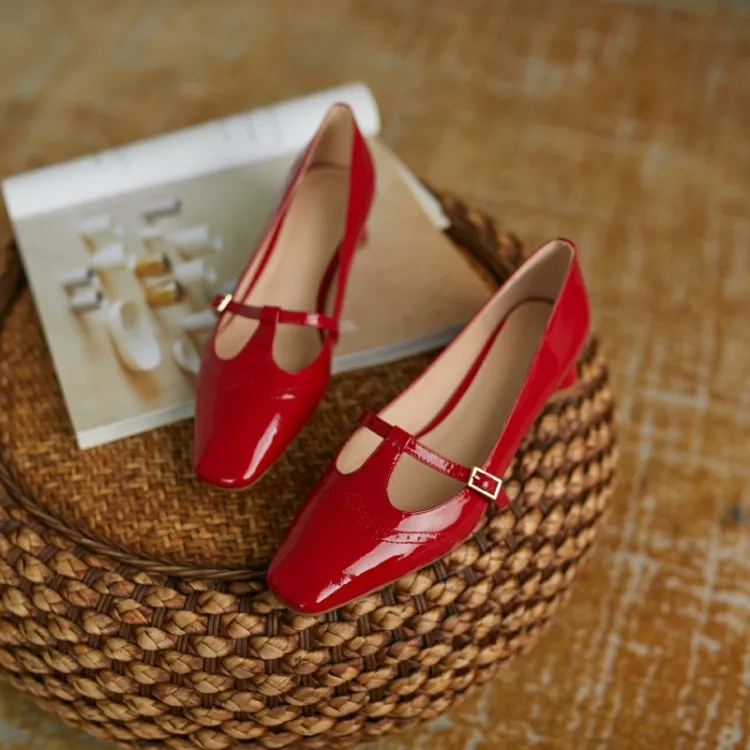 Shoes Spring/Autumn Patent Leather Solid Color T-shaped Buckle Pumps Square Toe Chunky Heel Versatile Mary Jane For_voghion.com