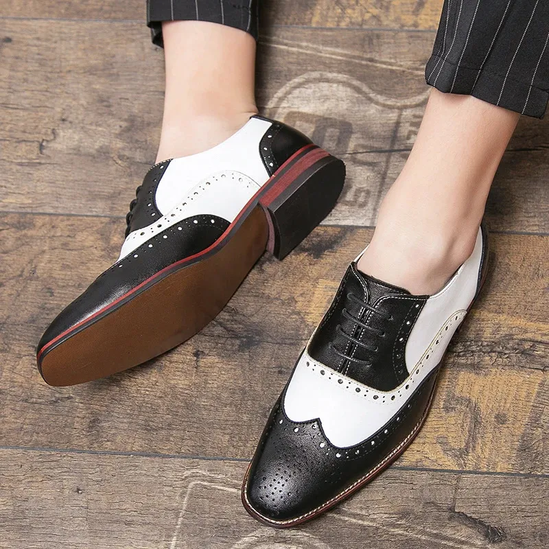 Newly Mens Leather Wedding Dress Prom Shoes Black White Mixed Patchwork Lace Up Brogue Oxfords Loafers Zapatos Hombre_voghion.com