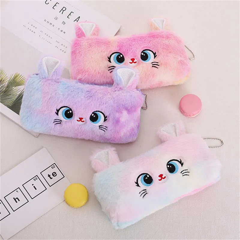 Trousse à crayons grande capacité en peluche avec motif de chat dégradé de couleurs, jolie trousse de rangement pour fournitures de papeterie et pièces de monnaie_voghion.com