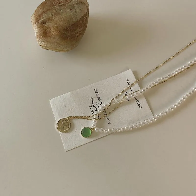 Hängshalsband 2 st/set Guldfärgad Pärla Mynt Grön Opal Halsband För Kvinnor Gotisk Kedja Dubbelskiktad Boho Halsband_voghion.com