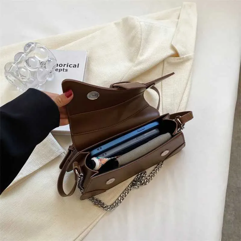 Borsa a tracolla con catena da donna in tinta unita, piccola borsa in pelle PU e portafoglio, vintage, marchio da donna, con patta, tracolla SG_voghion.com