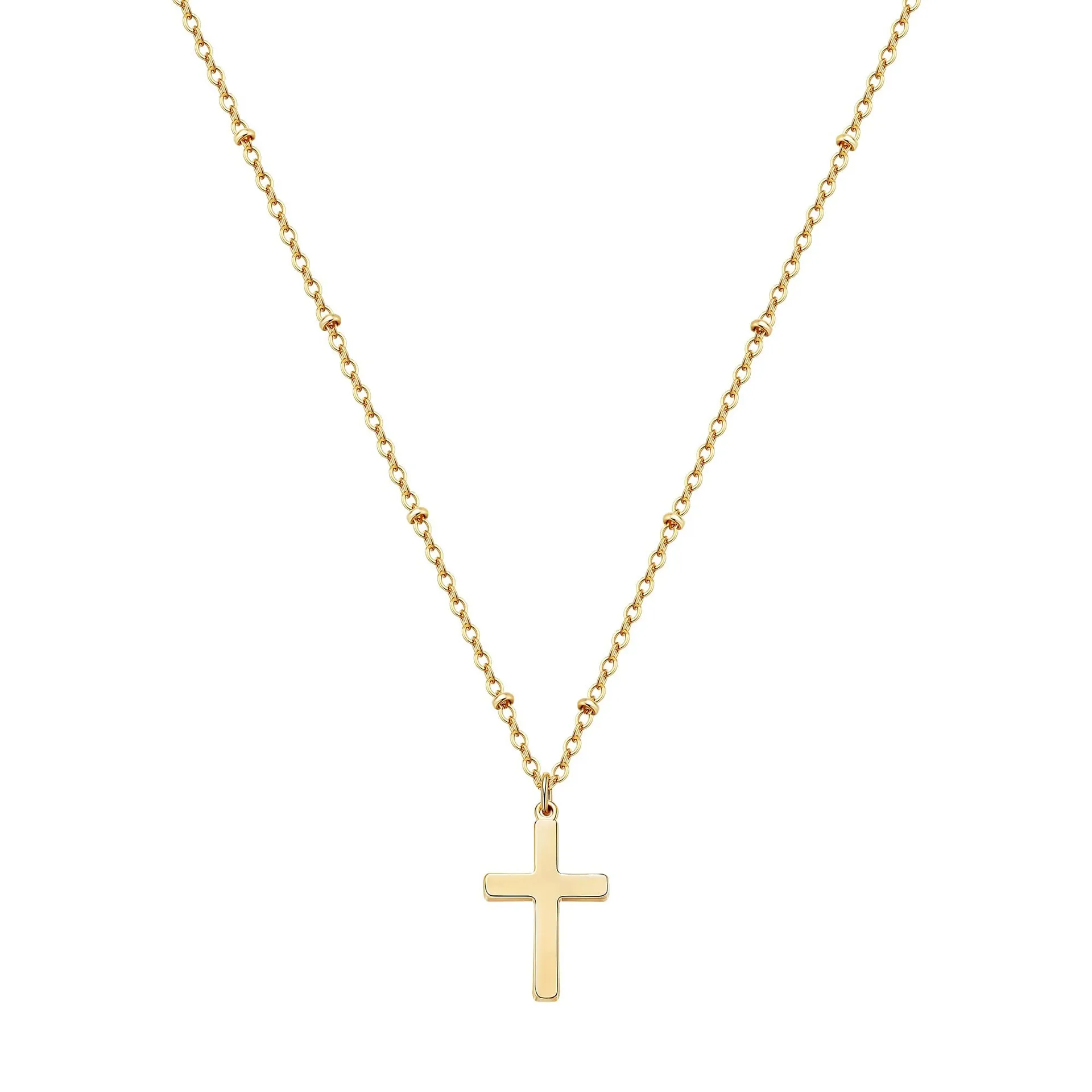 Catene Collana con perline a clip in acciaio inossidabile raffinato da donna, placcata in oro 14K, croce singola_voghion.com