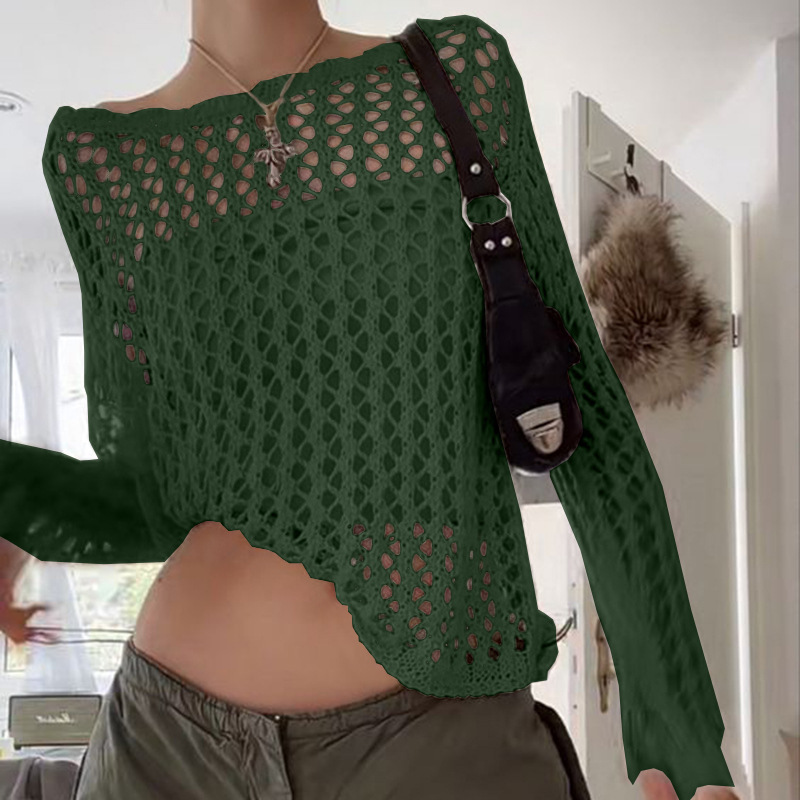 Damenmode einfarbiges, lockeres, perspektivisches Gitter-Langarm-Top_voghion.com