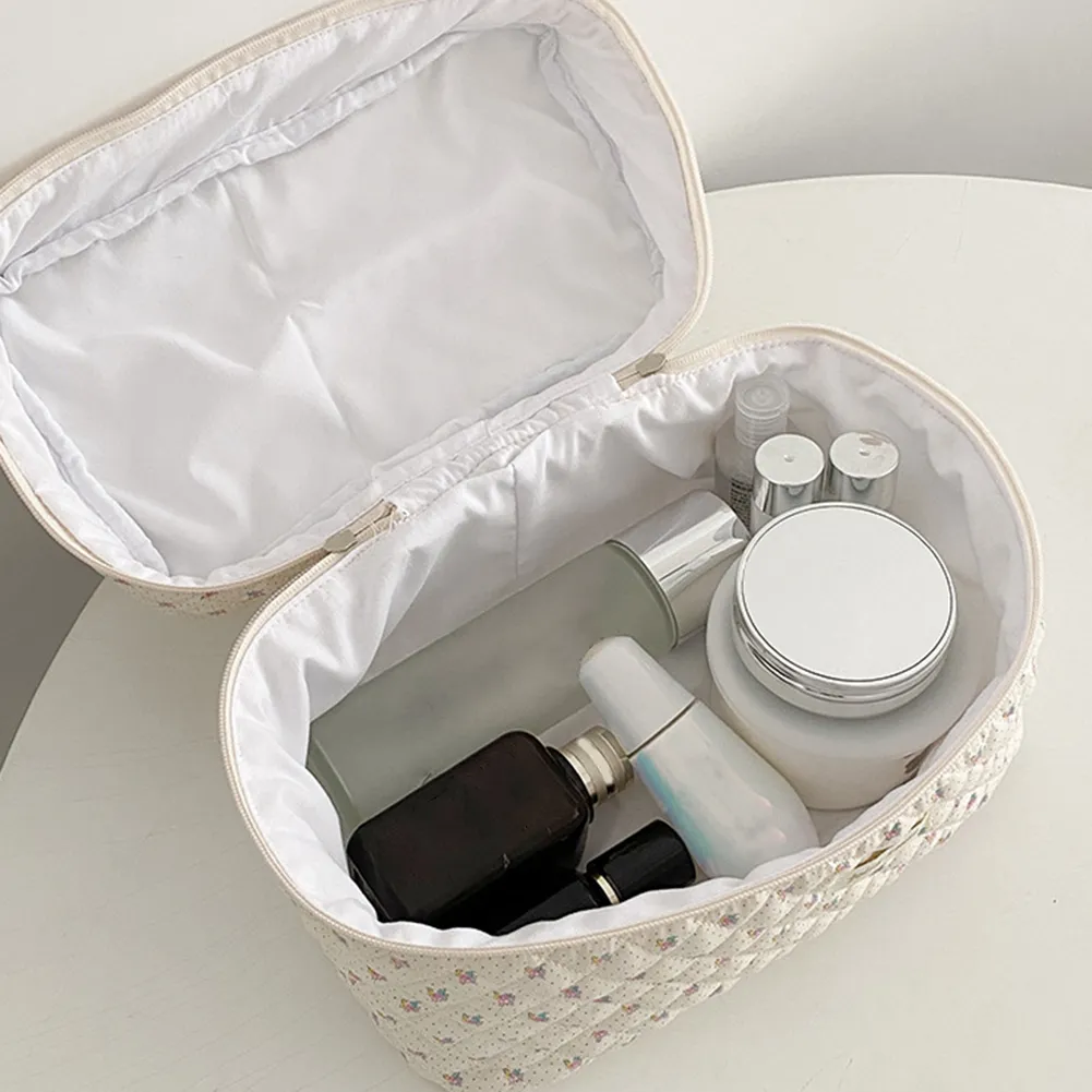 Trousse de toilette coréenne mignonne, portable, zippée, organiseur de voyage, trousse de maquillage matelassée, grande capacité, imprimé floral, pour femmes_voghion.com
