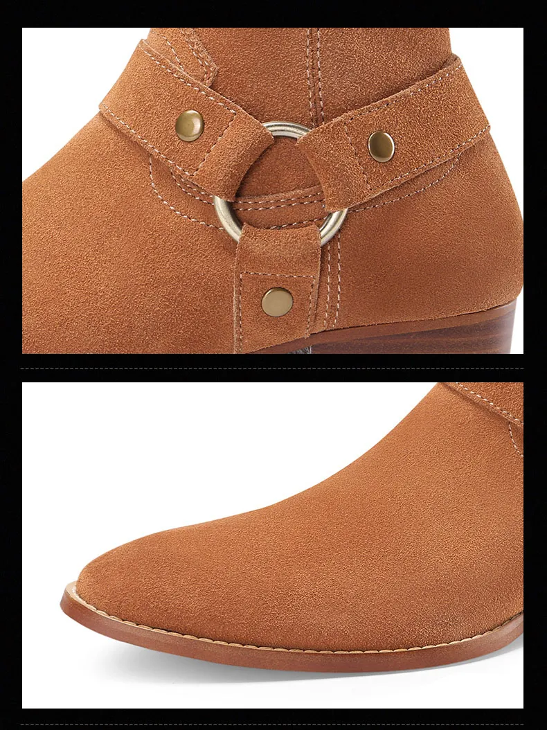 Vente chaude - Mode Biker Chaînes Cheville Hommes Bout Pointu Boucle En Cuir Marron Bottes Habillées Chaussures Hommes_voghion.com