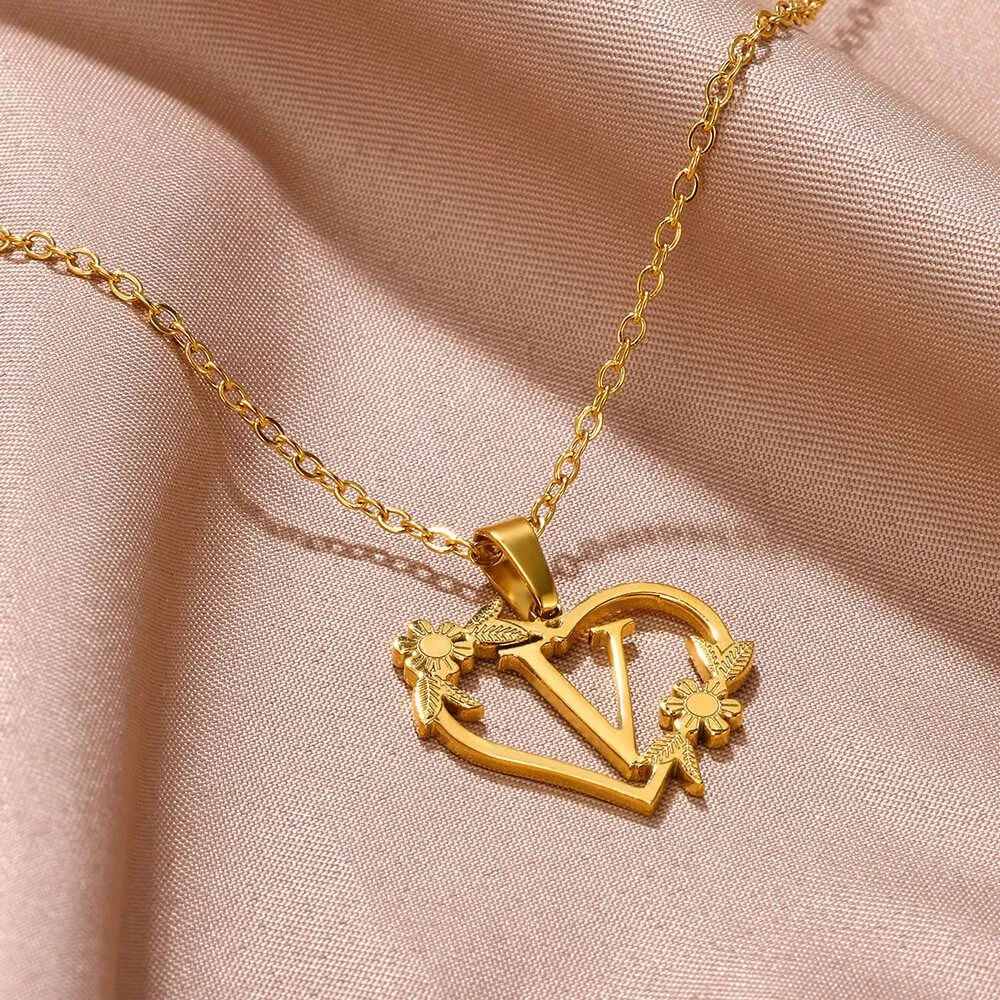 Collana con ciondolo a forma di cuore con lettere dalla A alla Z in acciaio inossidabile, placcata in oro vero, gioielli classici_voghion.com