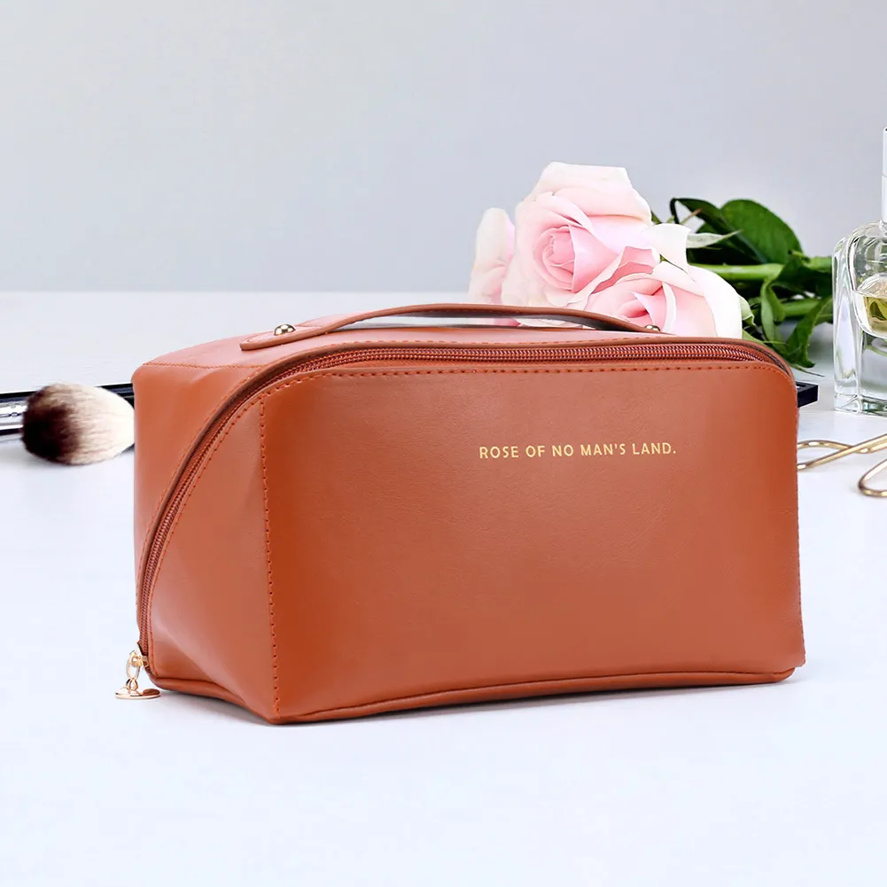 Trousse de maquillage en cuir pour femmes, grande capacité, organiseur de rangement pour pinceaux, idéal pour les voyages._voghion.com