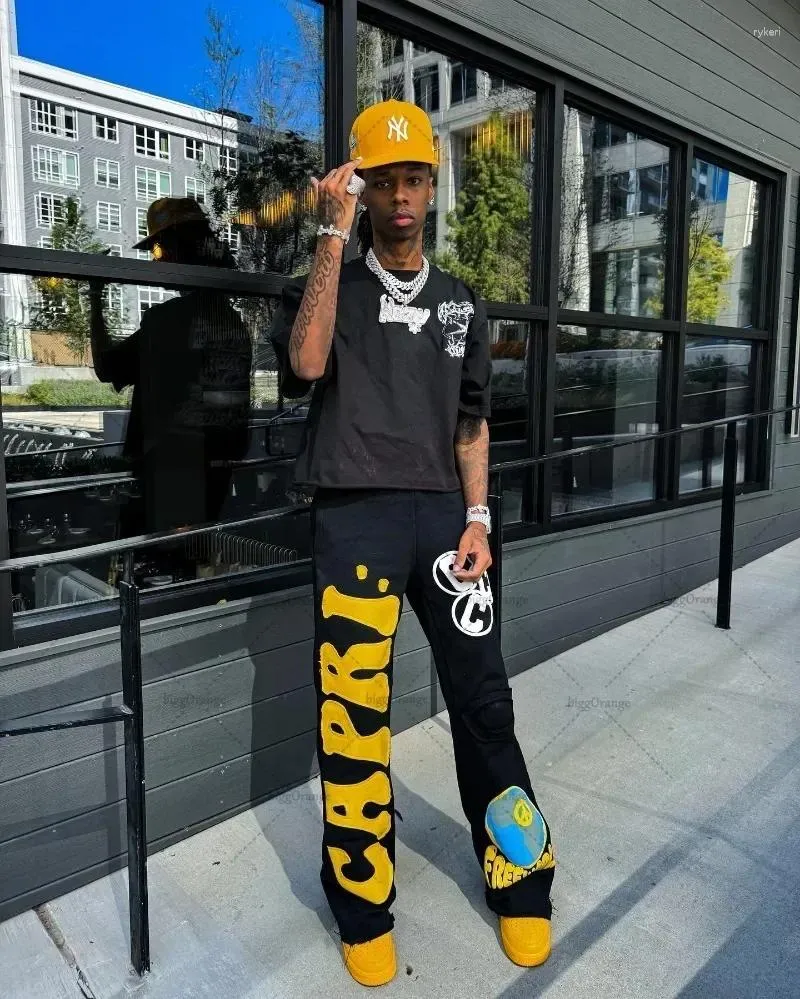 Calças masculinas hip-hop europeias e americanas bordadas calças grandes masculinas y2k na moda malha solta casual perna larga_voghion.com