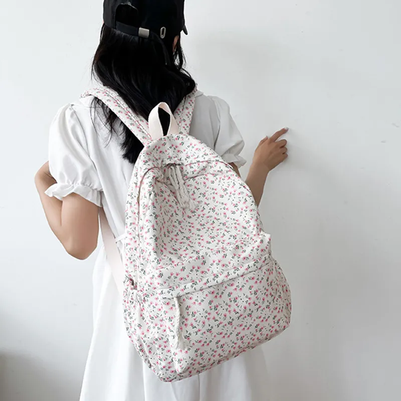Korean Version Nylon Floral Flower Fashion Junior High School Backpack Travel Bag_voghion.com