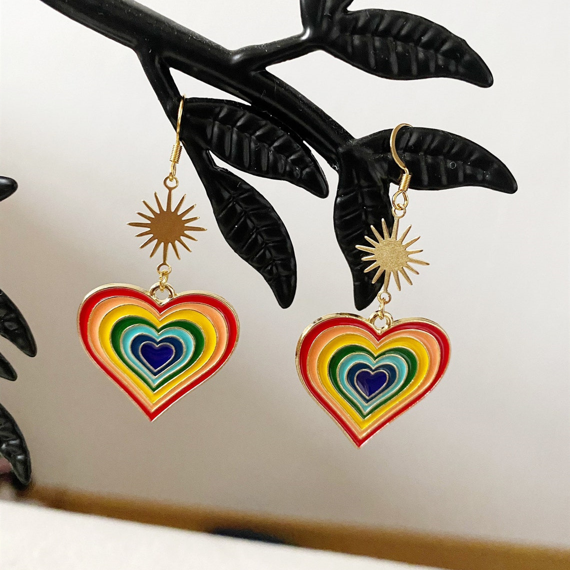 Ohrringe Bunte Emaille Regenbogen Herz Statement Baumeln Ohrringe_voghion.com