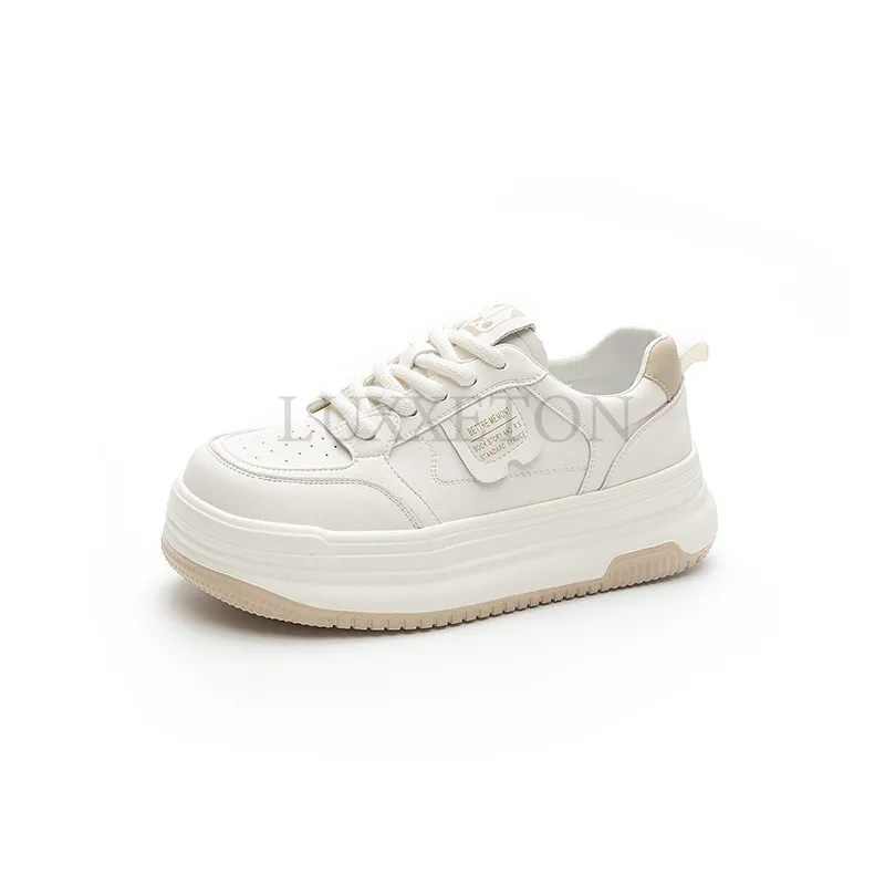 Genuine Leather Thick Sole Round Toe Raised Small White Casual Comfortable Trendy And Versatile Women Board Shoes_voghion.com