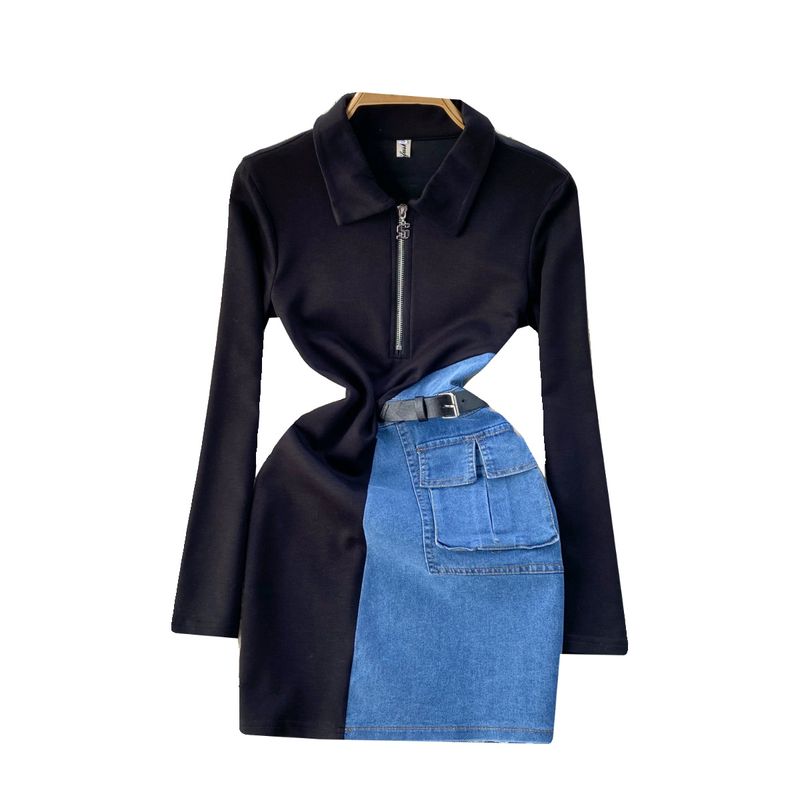 Clothing 2024 Spring Women's Design Color-contrast ing Niche Zipper Slim Short Denim Hip Skirt Dress Women_voghion.com