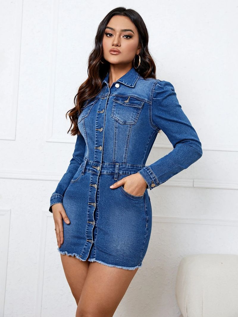 sexy fashionable women's long sleeved Waist and hip slimming jumpsuit denim skirt_voghion.com