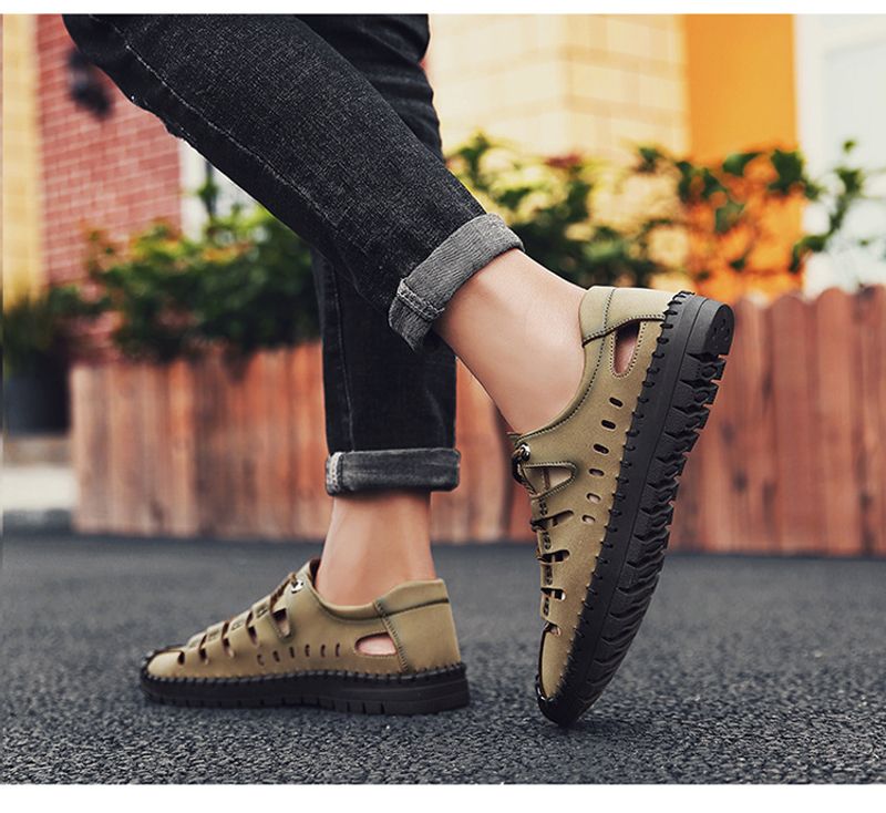 Sommer nye herresandaler, udendørs strand håndlavede hule åndbare fritidssko med hul, snørebånd indpakkede lædersko_voghion.com