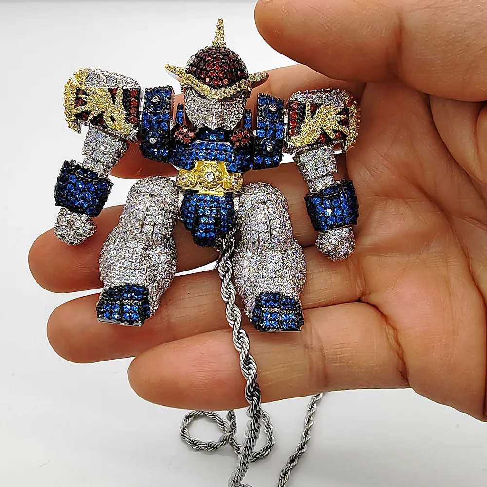 Hip Hop 3D Robot Ciondolo Bling Zirconia Vero Oro Placcato Collana Uomo Gioielli_voghion.com
