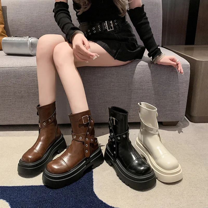 Women's Fashion Boots:Thick Sole Increase Height Short Martin Boots Winter New Style Design Sense,Black/Beige/Brown,Free_voghion.com