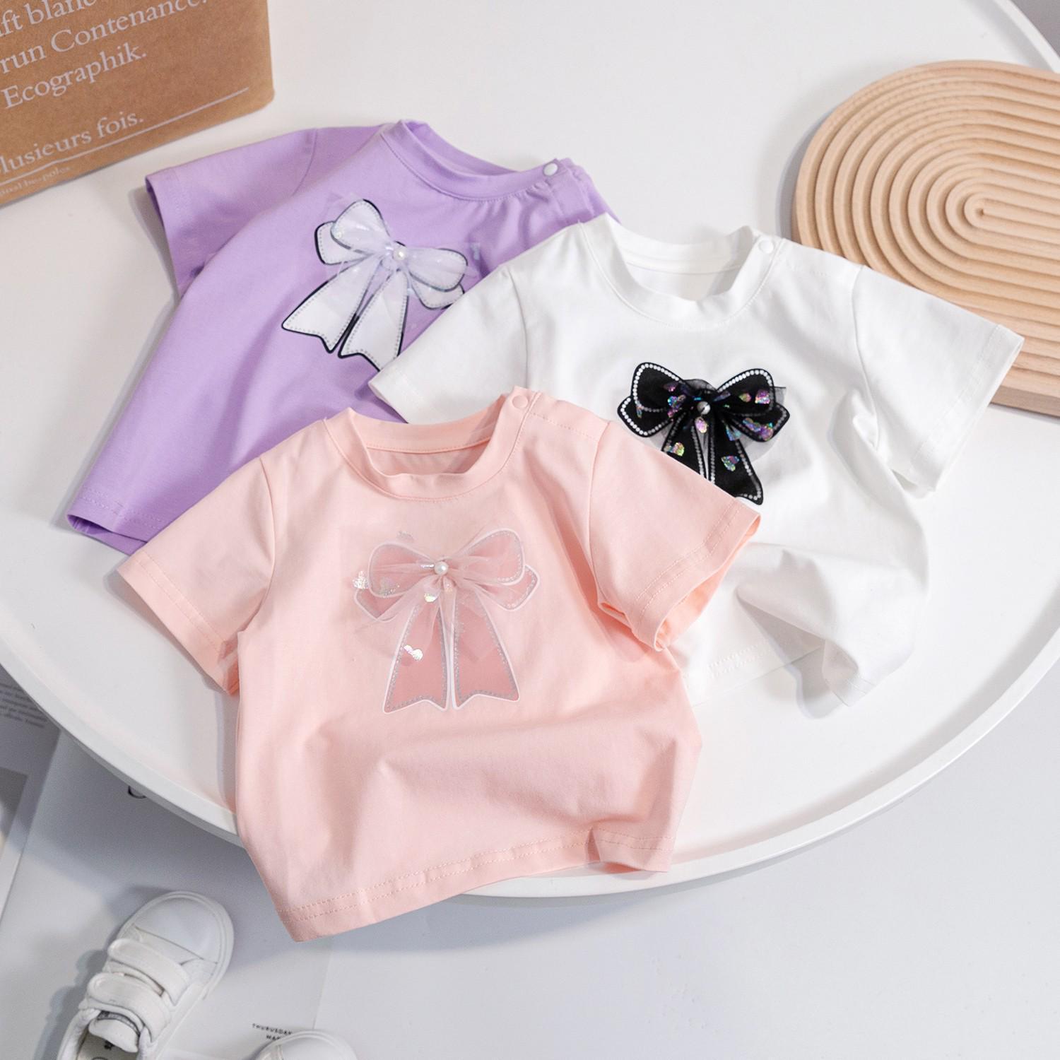 Baby Clothing Children's summer short sleeve candy color fashion simple bow small children short sleeve sweet T-shirt_voghion.com
