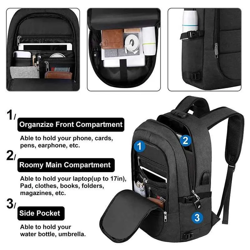 Laptop men business waterproof backpack bag with USB port and lock use for work study travelC241031_voghion.com