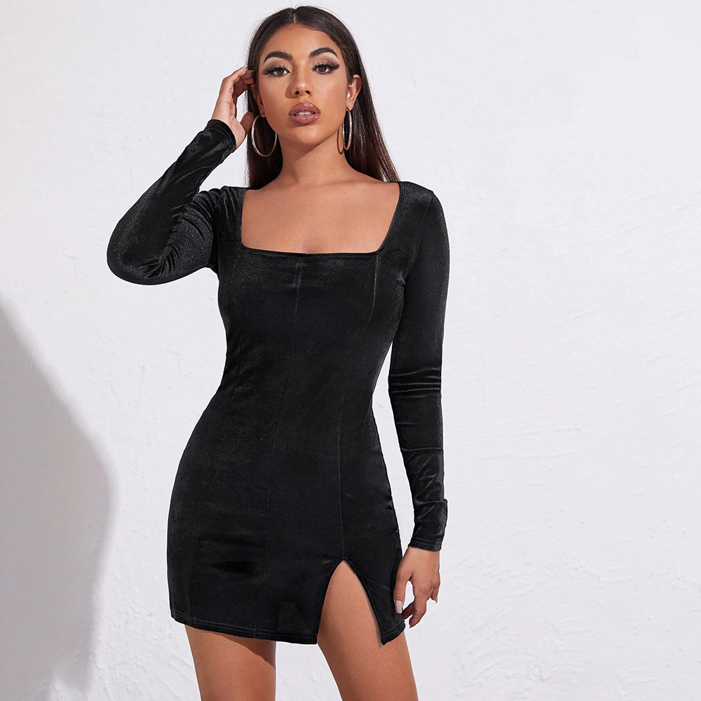 Damen Samtkleid Mit Schlitz Und Karree-ausschnitt Langärmlig_voghion.com