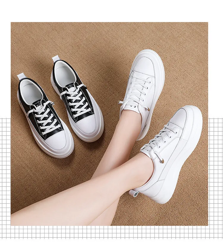 Γνήσιο Δερμάτινο Γυναικείο Κορεατικό Μικρό Λευκό Άνοιξη-Καλοκαίρι Σφουγγάρι Κέικ με Χοντρές Σόλες και Δαντέλα Αθλητικά Παπούτσια_voghion.com