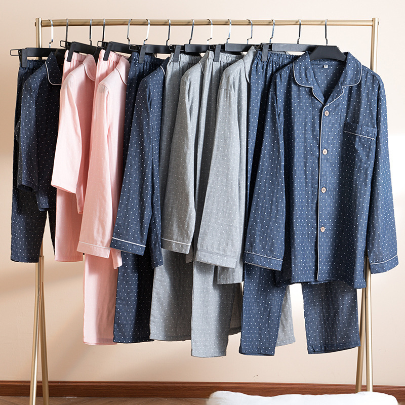 Spring and Autumn Cotton Double-layer Yarn Parent-child Couple Men's and Women's Long and Short Sleeve Pants Pajamas Home Suit Wholesale