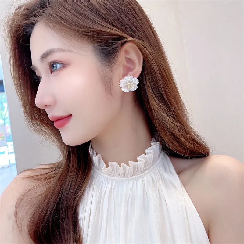 Korean Retro Earrings Women's Sier Needle Zircon Shell Flower Minimalist Suower Earring Designer Jewelry_voghion.com