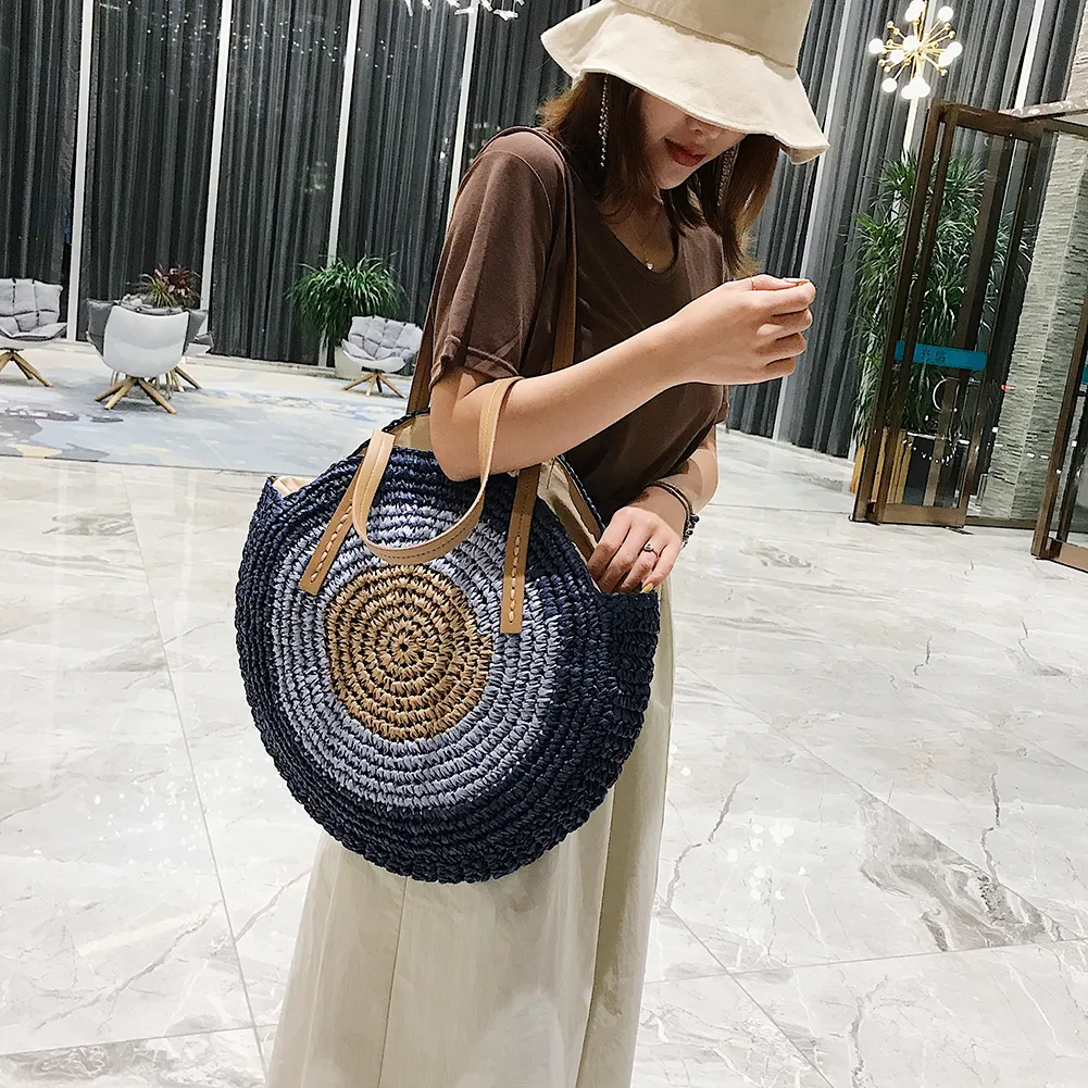 Borsa a tracolla rotonda estiva da donna in rattan intrecciato, in paglia, fatta a mano, da spiaggia, per la spesa, con manico superiore_voghion.com