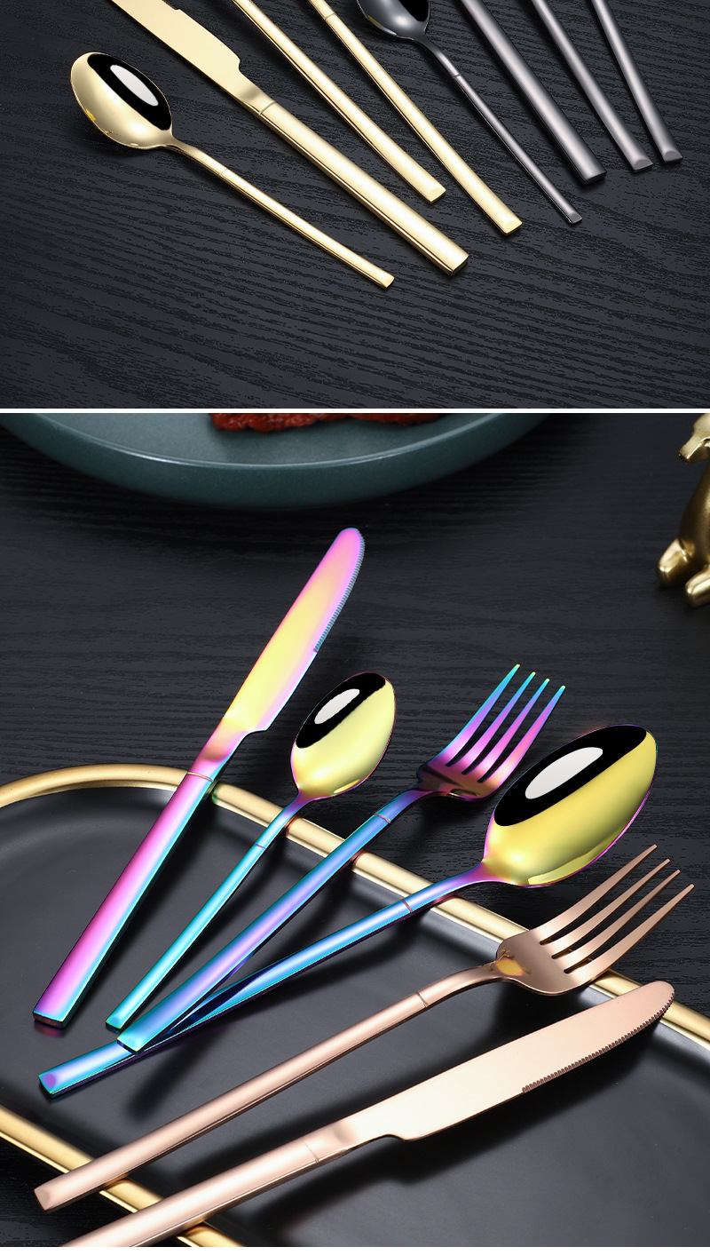 24 of stainless steel tablew, steak knives, forks, spoons, 4 main pieces set, knight Western style gold-plated_voghion.com