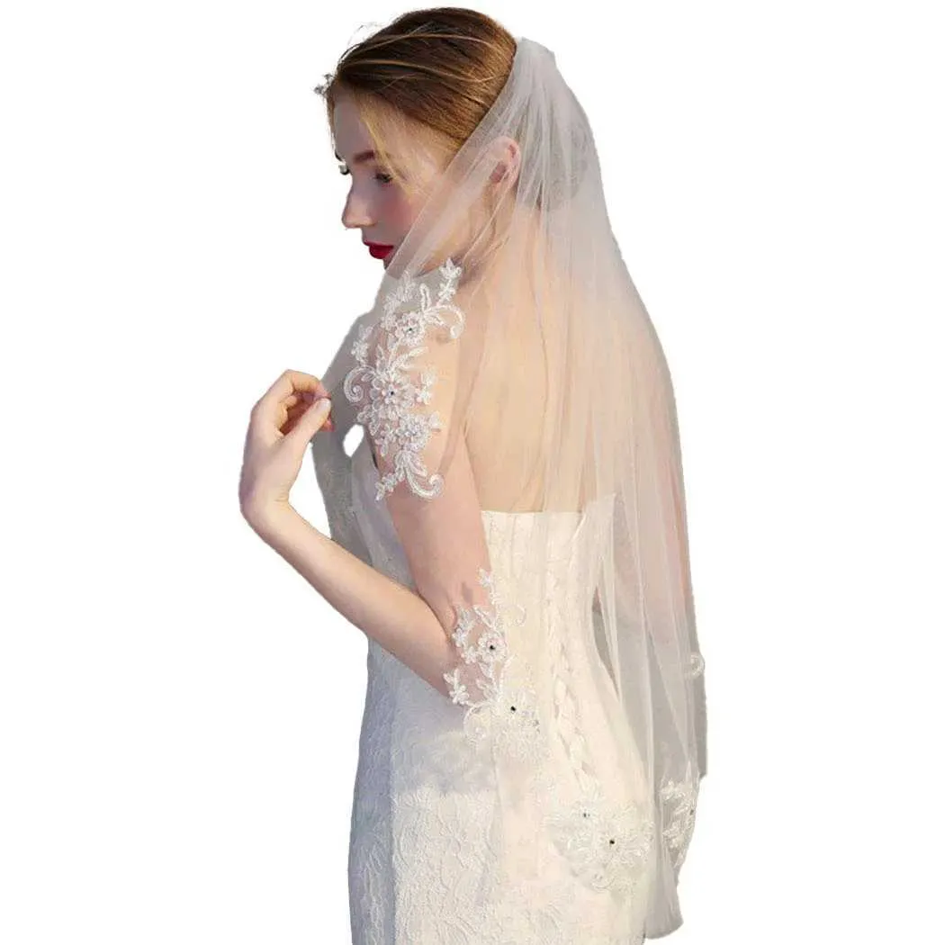 Velo da sposa in tulle con applicazioni in pizzo e cristalli, a 1 strato, corto, lungo fino ai fianchi, accessorio per capelli_voghion.com