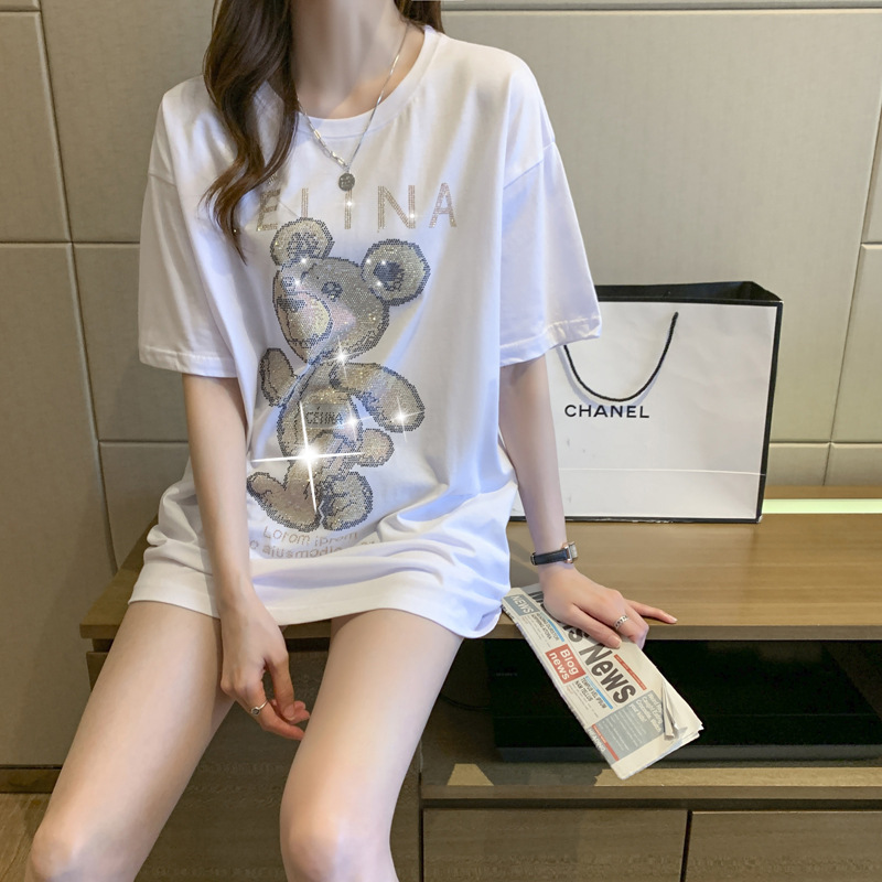 T-shirt estiva a maniche corte nera Bear Hot Diamond da donna in cotone pettinato, versione ampia di media lunghezza_voghion.com