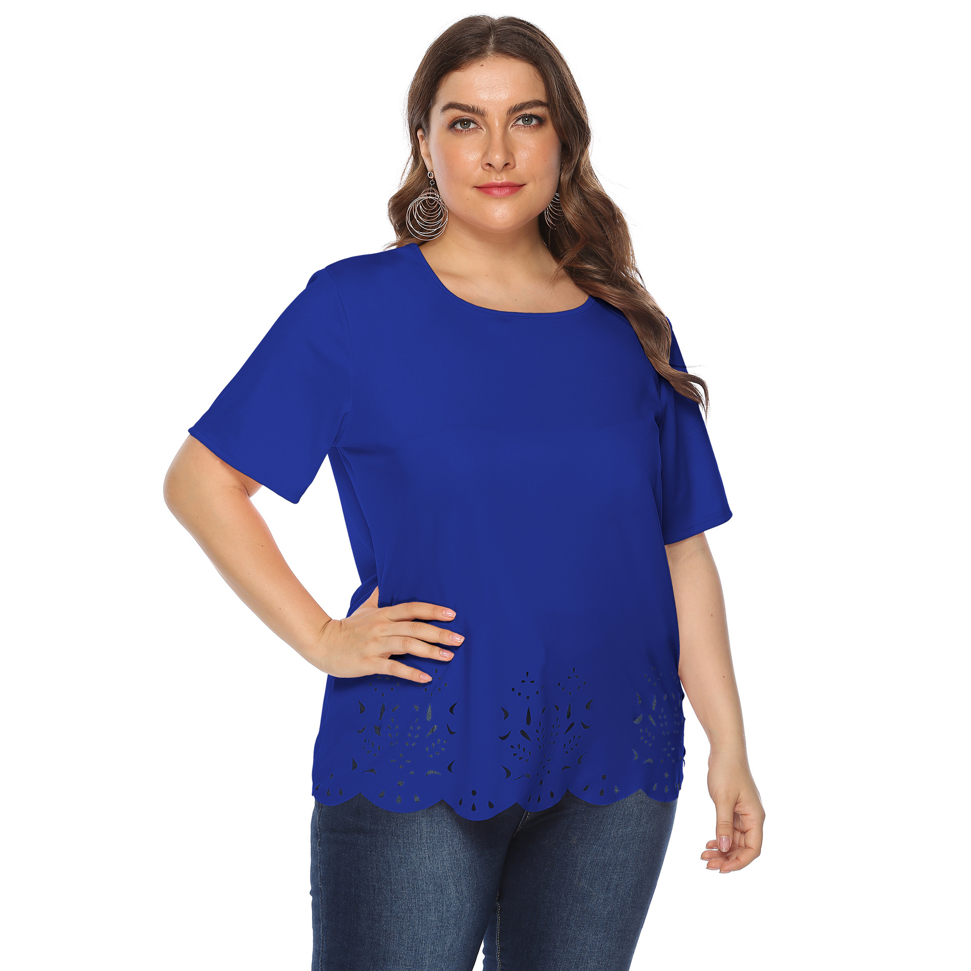 Women's tops large size women's clothing solid color burnt flower hollow wave edge casual short-sleeved T-shirt_voghion.com
