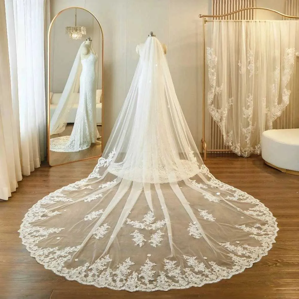 Gioielli per capelli V67 Veli lunghi in stile cattedrale con pizzo ricamato, velo da sposa a 1 livello, accessori per abiti da sposa_voghion.com
